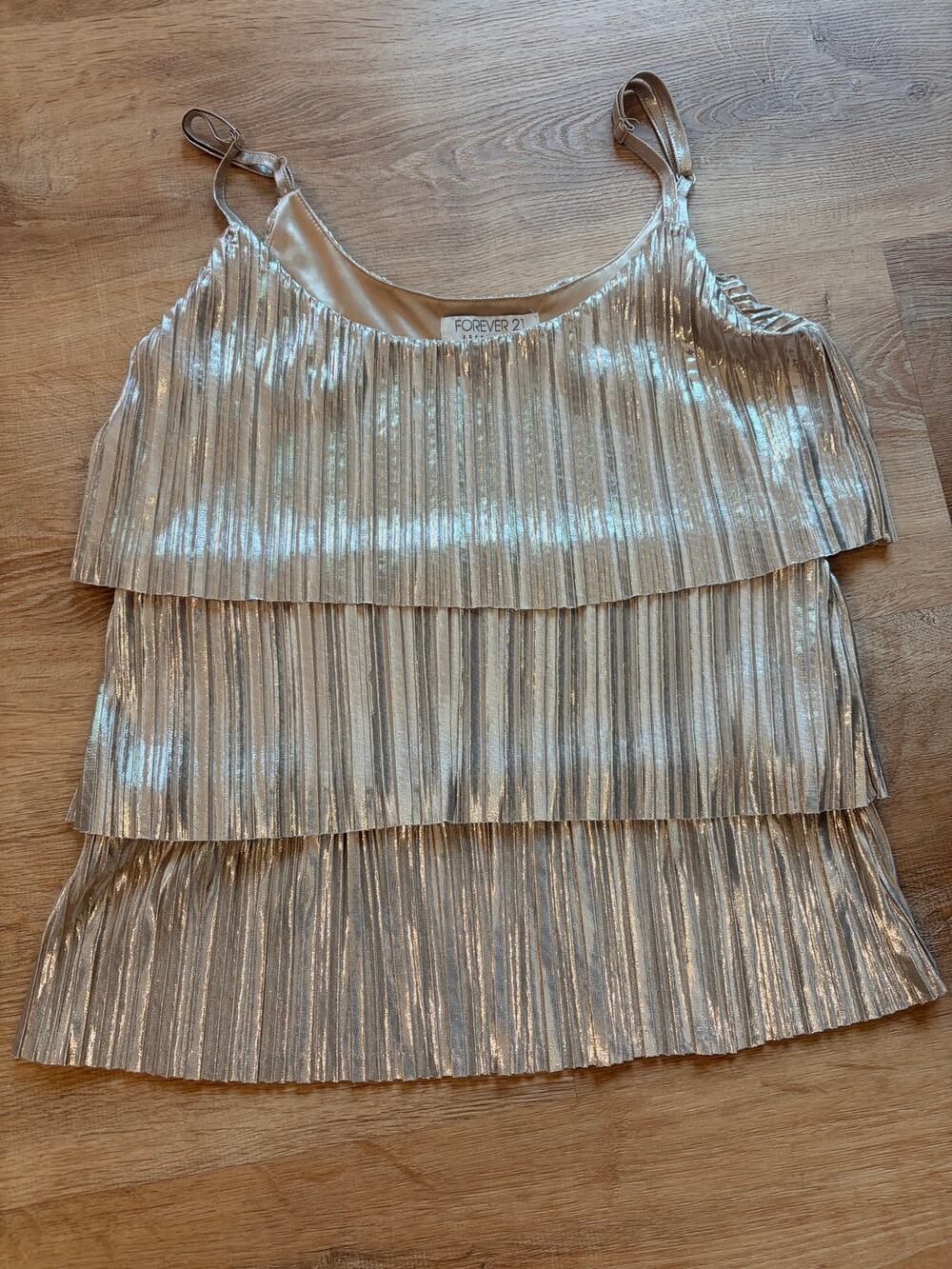 Forever 21 Metallic gold Shimmer Pleated Tiered Camisole Top NYE or Holiday